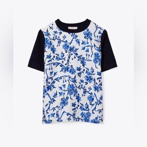 Tory Burch Women’s Branches Print Crewneck Combination Silk & Wool Top Sz XS